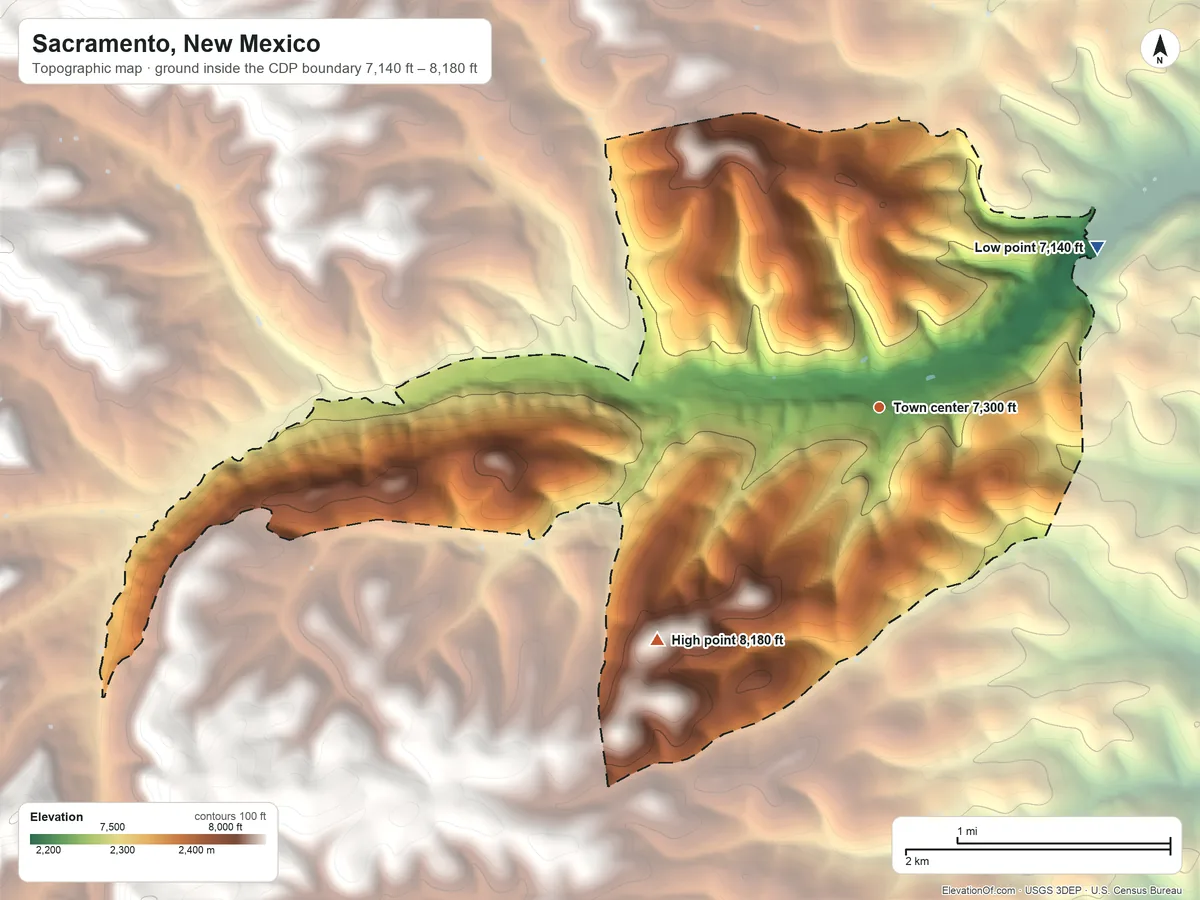 Topographic elevation map of Sacramento, New Mexico, shaded from 7,140 ft on the northeast side to 8,180 ft on the southwest side
