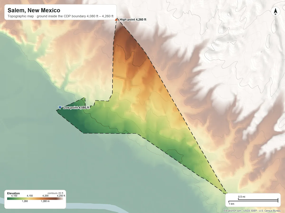 Topographic elevation map of Salem, New Mexico, shaded from 4,080 ft on the west side to 4,260 ft on the north edge, below higher ground just outside