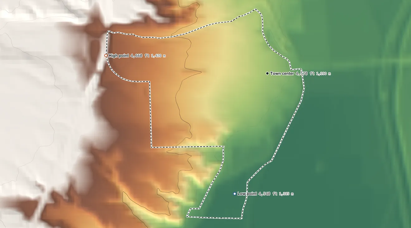 Topographic elevation map of San Antonio, New Mexico, shaded from 4,540 ft on the south side to 4,660 ft on the west side