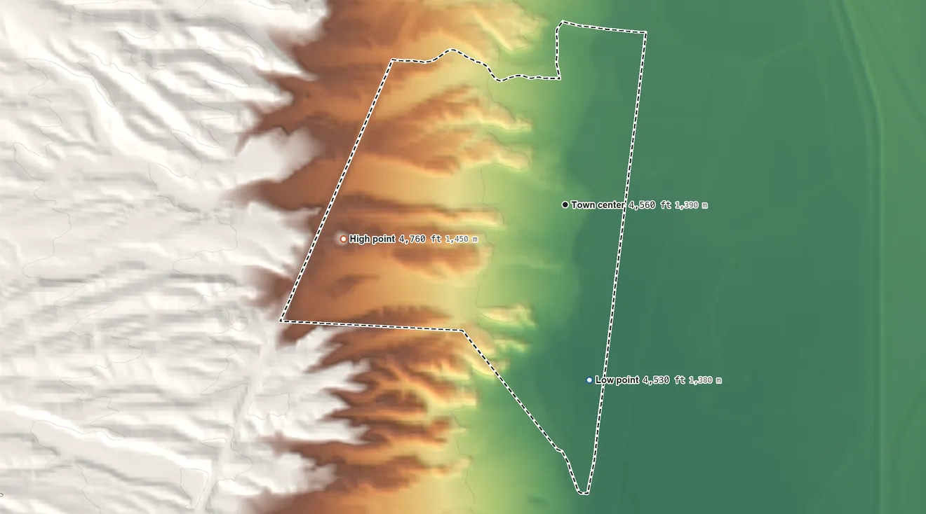 Topographic elevation map of San Antonito, Socorro County, New Mexico, shaded from 4,530 ft on the south side to 4,760 ft on the west side