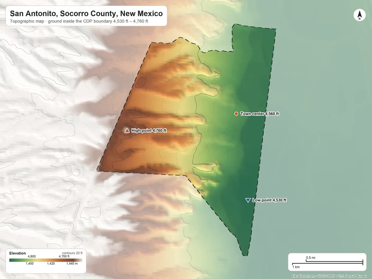 Topographic elevation map of San Antonito, Socorro County, New Mexico, shaded from 4,530 ft on the south side to 4,760 ft on the west side