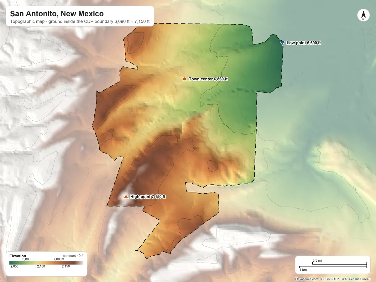 Topographic elevation map of San Antonito, New Mexico, shaded from 6,690 ft on the east side to 7,150 ft at the foot of the Sandia Mountains