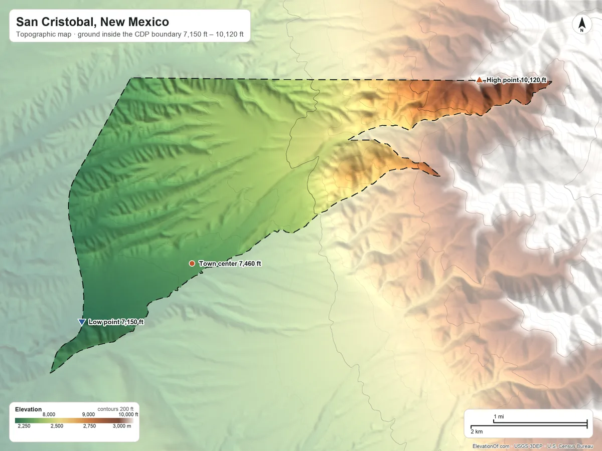 Topographic elevation map of San Cristobal, New Mexico, shaded from 7,150 ft on the southwest side to 10,120 ft at the foot of the Taos Mountains