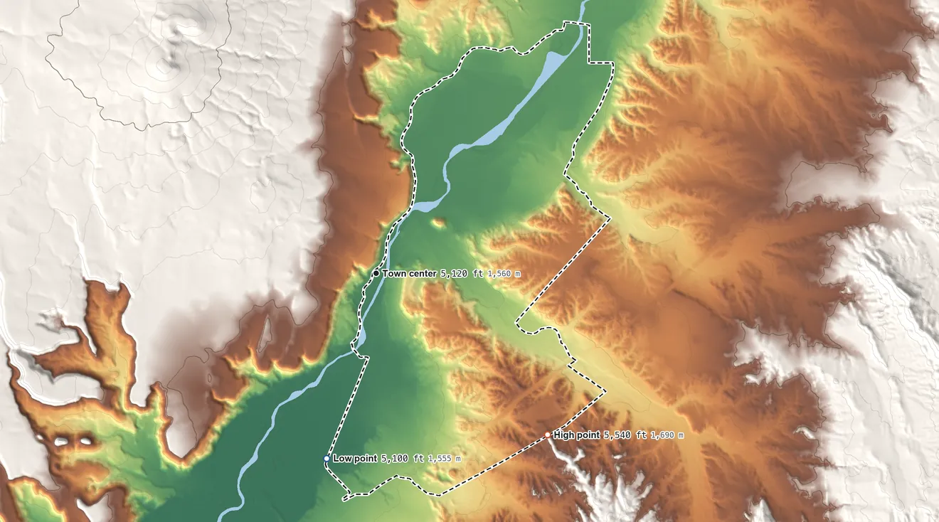 Topographic elevation map of San Felipe Pueblo, New Mexico, shaded from 5,100 ft on the south side to 5,540 ft on the southeast side