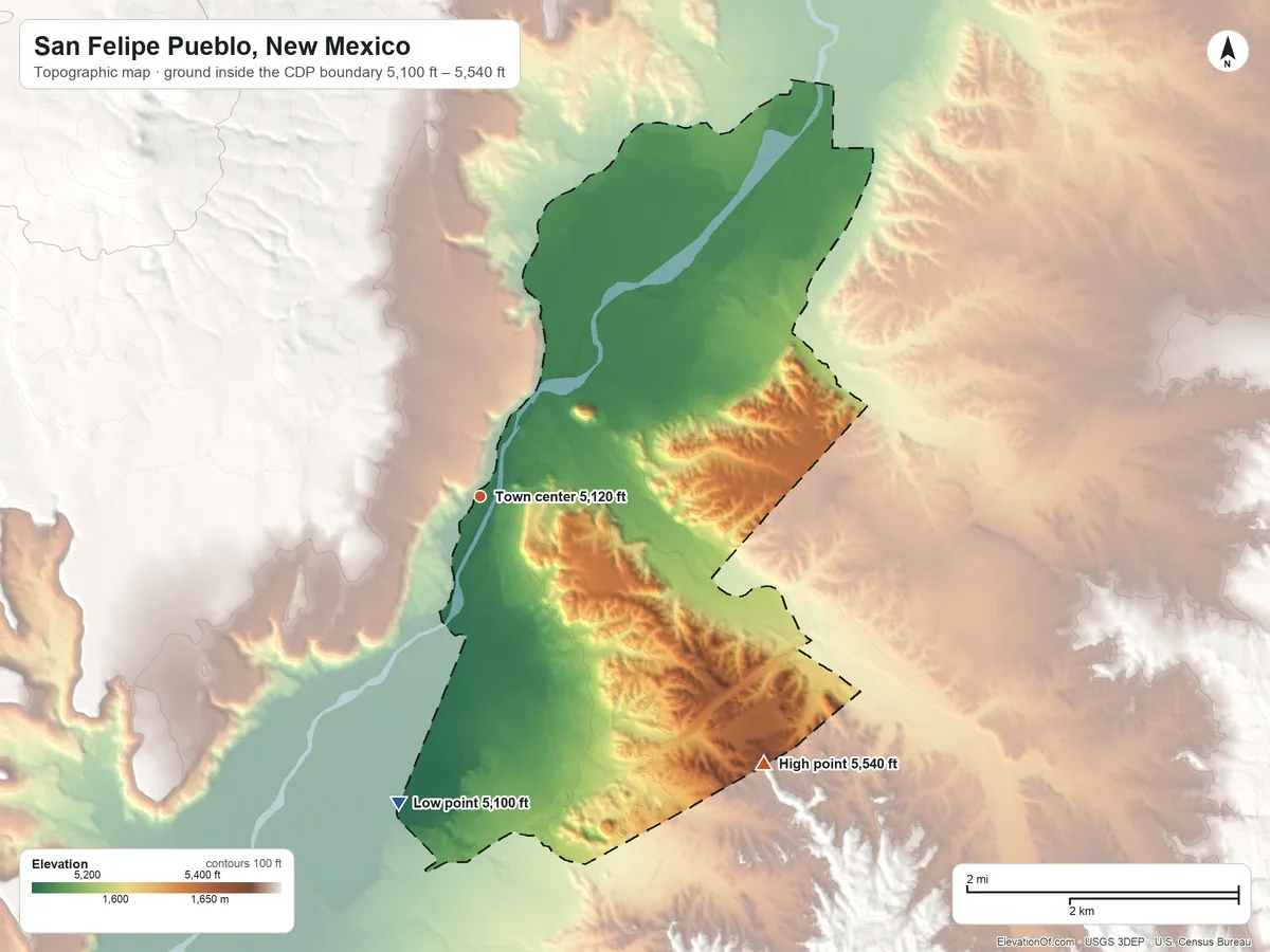 Topographic elevation map of San Felipe Pueblo, New Mexico, shaded from 5,100 ft on the south side to 5,540 ft on the southeast side