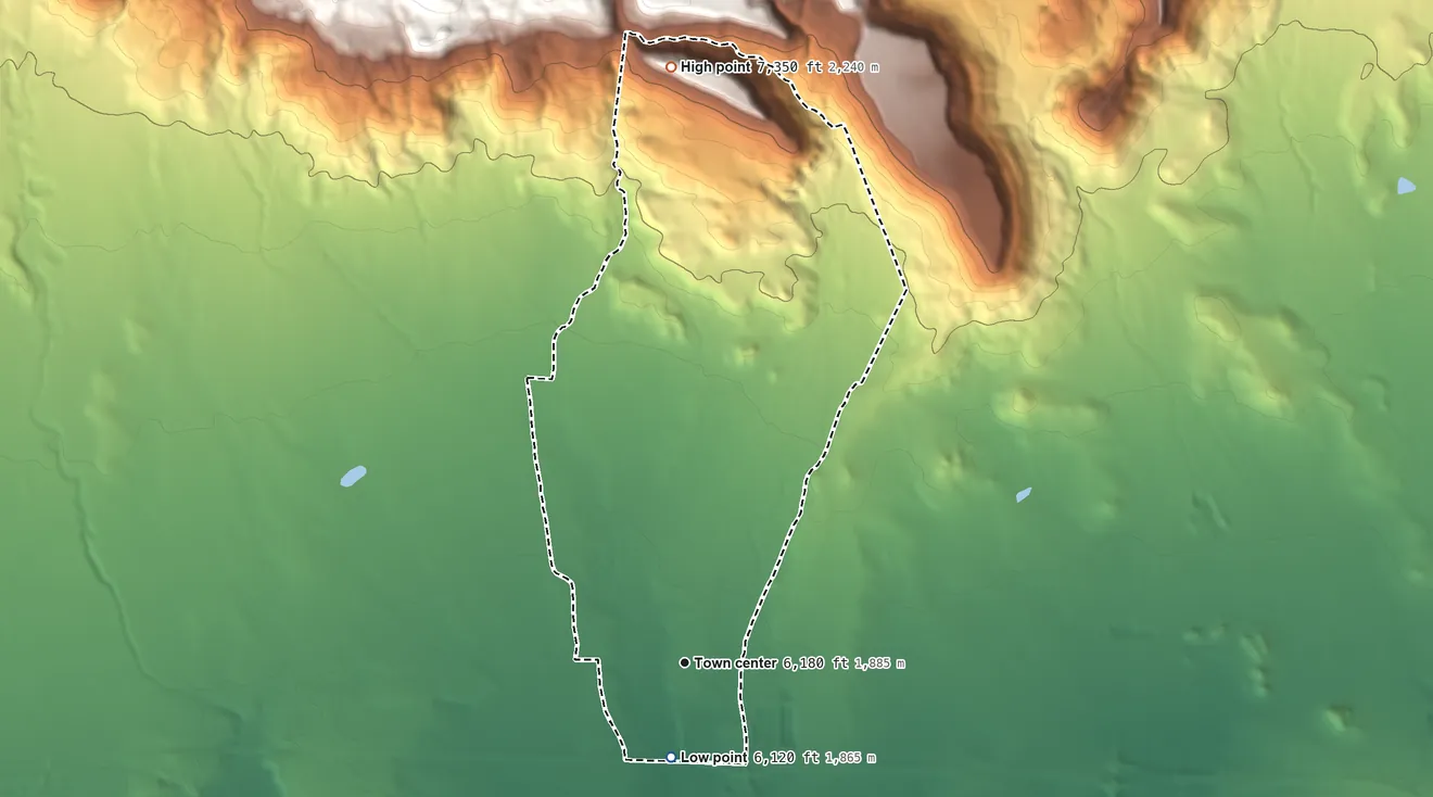 Topographic elevation map of San Fidel, New Mexico, shaded from 6,120 ft on the south side to 7,350 ft at the foot of the San Mateo Mountains