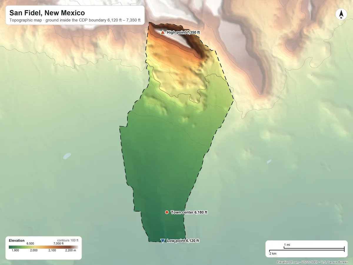 Topographic elevation map of San Fidel, New Mexico, shaded from 6,120 ft on the south side to 7,350 ft at the foot of the San Mateo Mountains