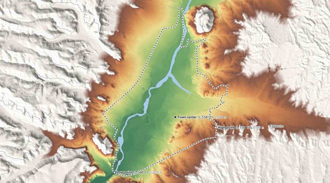 Topographic elevation map of San Ildefonso Pueblo, New Mexico, shaded from 5,500 ft on the southwest side to 5,730 ft at the foot of the Jemez Mountains