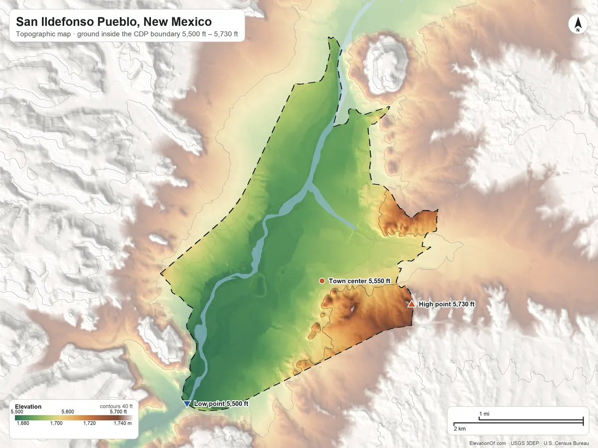 Topographic elevation map of San Ildefonso Pueblo, New Mexico, shaded from 5,500 ft on the southwest side to 5,730 ft at the foot of the Jemez Mountains