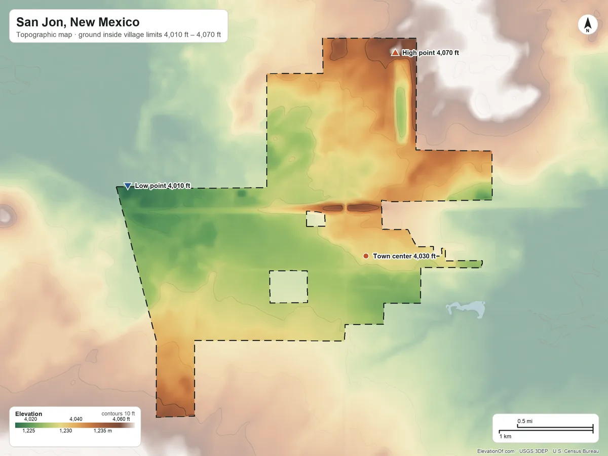 Topographic elevation map of San Jon, New Mexico, shaded from 4,010 ft on the west side to 4,070 ft on the north side