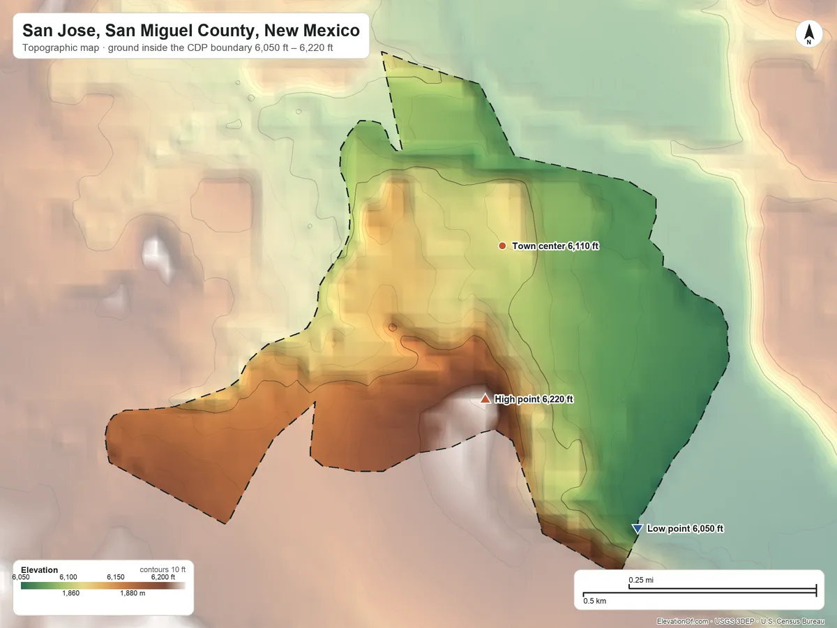 Topographic elevation map of San Jose, San Miguel County, New Mexico, shaded from 6,050 ft on the southeast side to 6,220 ft on the south edge, below higher ground just outside