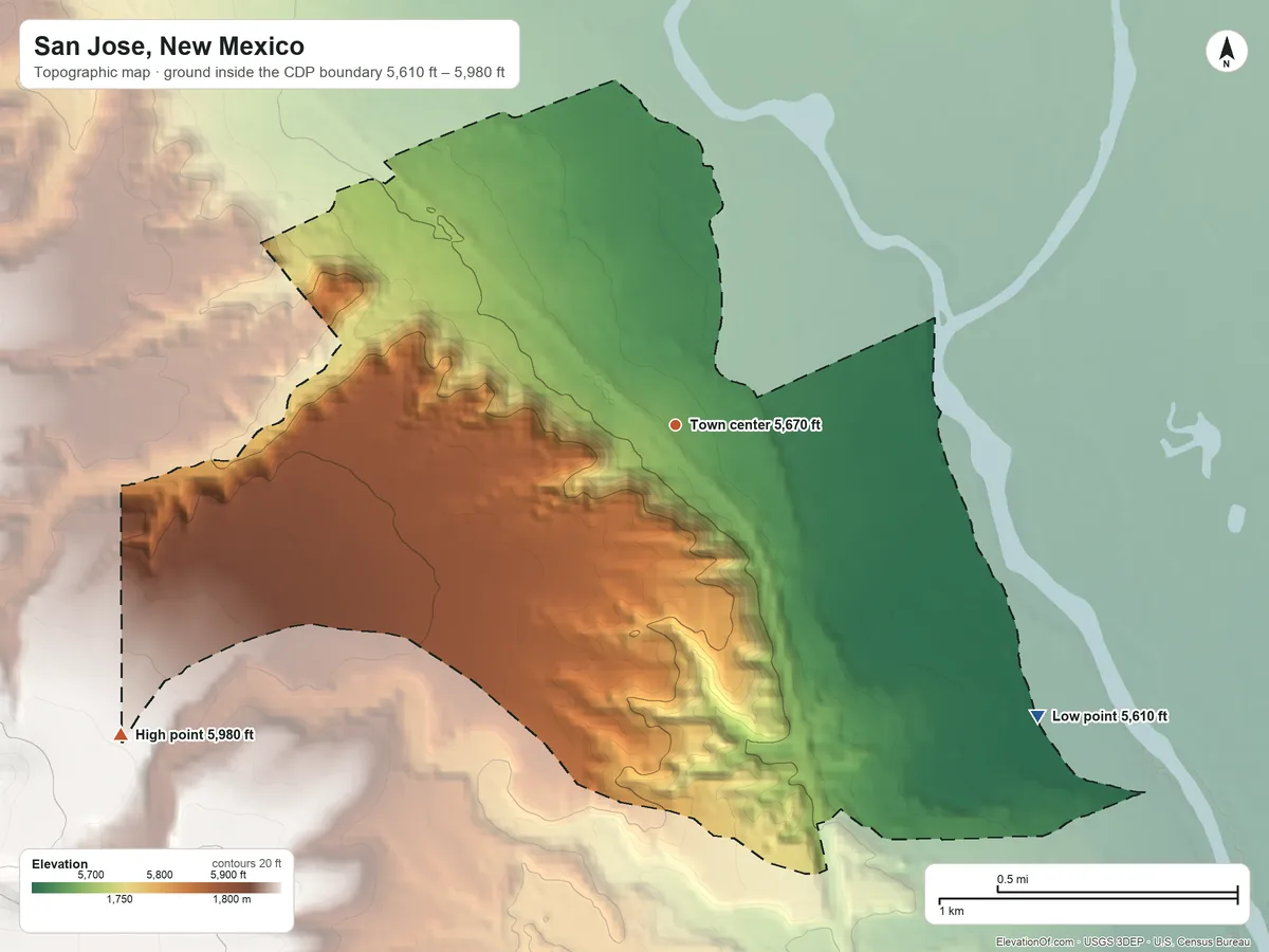 Topographic elevation map of San Jose, New Mexico, shaded from 5,610 ft on the southeast side to 5,980 ft on the southwest edge, below higher ground just outside