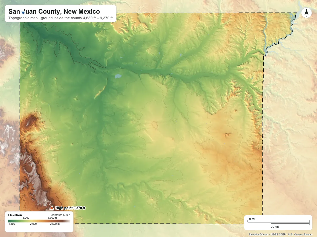 Topographic elevation map of San Juan County, New Mexico, shaded from 4,630 ft on the northwest side to 9,370 ft on the southwest side