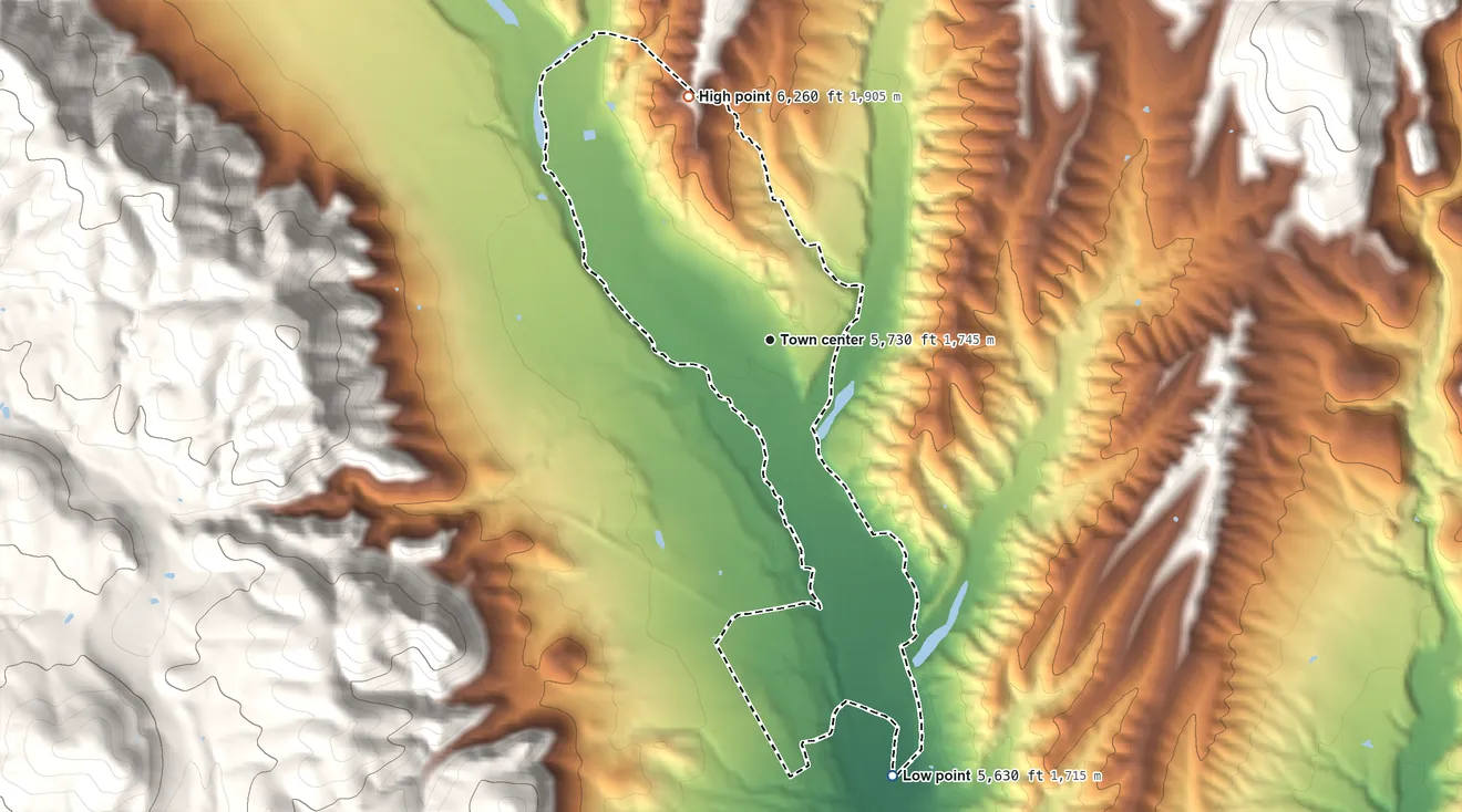 Topographic elevation map of San Lorenzo, New Mexico, shaded from 5,630 ft on the south side to 6,260 ft at the foot of the Mimbres Mountains