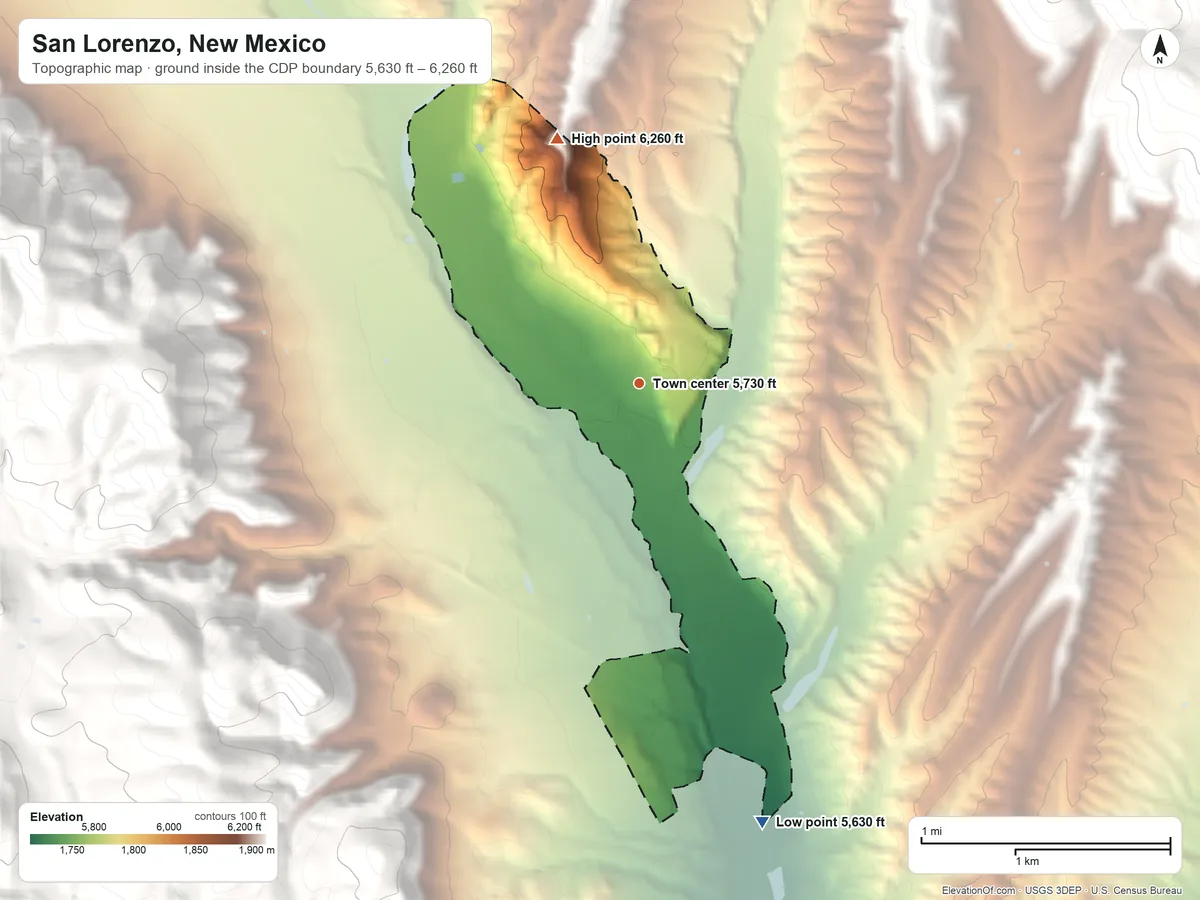 Topographic elevation map of San Lorenzo, New Mexico, shaded from 5,630 ft on the south side to 6,260 ft at the foot of the Mimbres Mountains