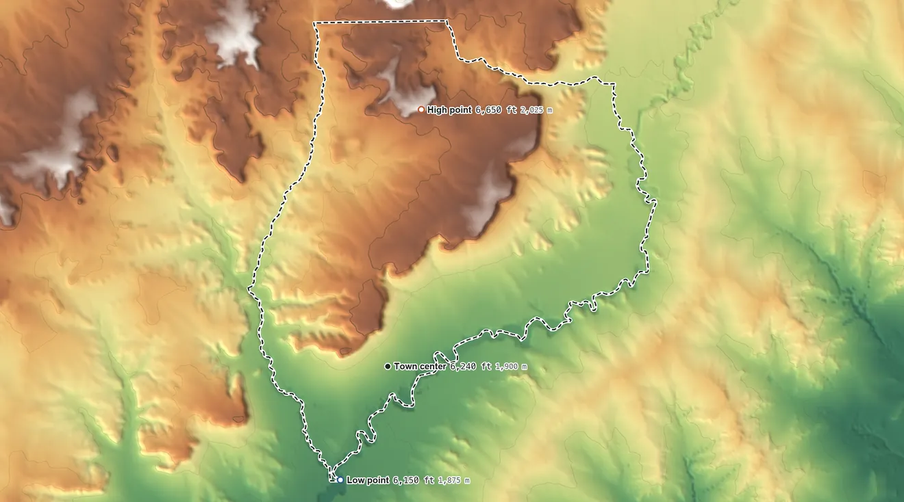 Topographic elevation map of San Luis, New Mexico, shaded from 6,150 ft on the southwest side to 6,650 ft on the north side