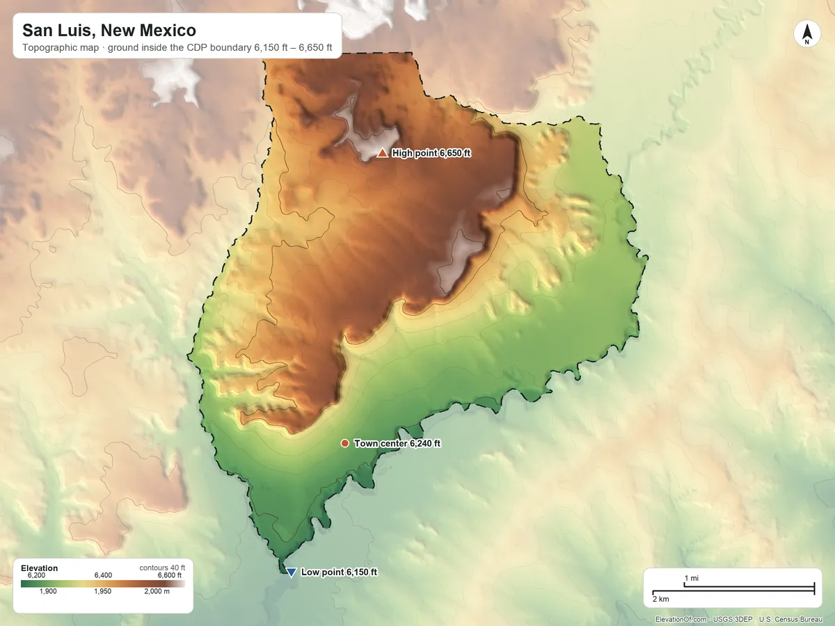Topographic elevation map of San Luis, New Mexico, shaded from 6,150 ft on the southwest side to 6,650 ft on the north side