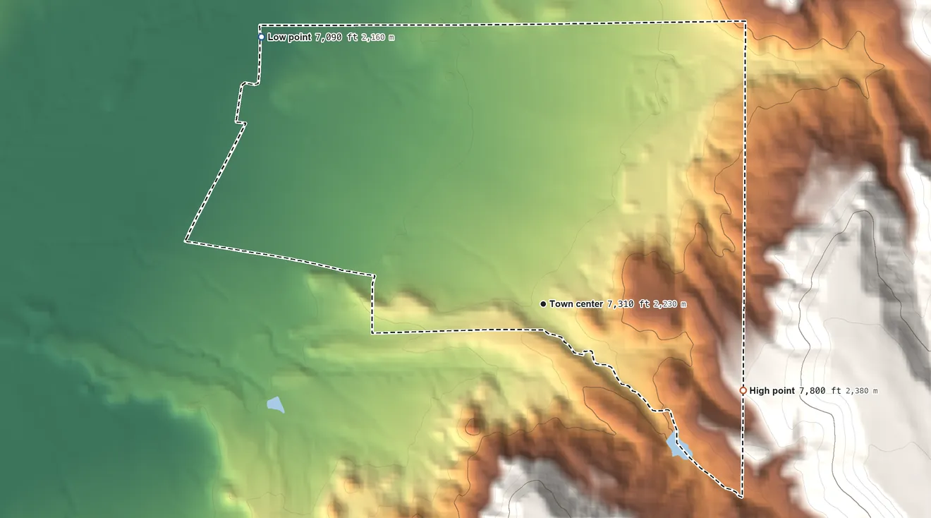 Topographic elevation map of San Mateo, New Mexico, shaded from 7,090 ft on the northwest side to 7,800 ft at the foot of the San Mateo Mountains