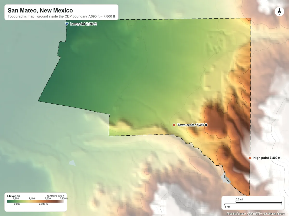 Topographic elevation map of San Mateo, New Mexico, shaded from 7,090 ft on the northwest side to 7,800 ft at the foot of the San Mateo Mountains