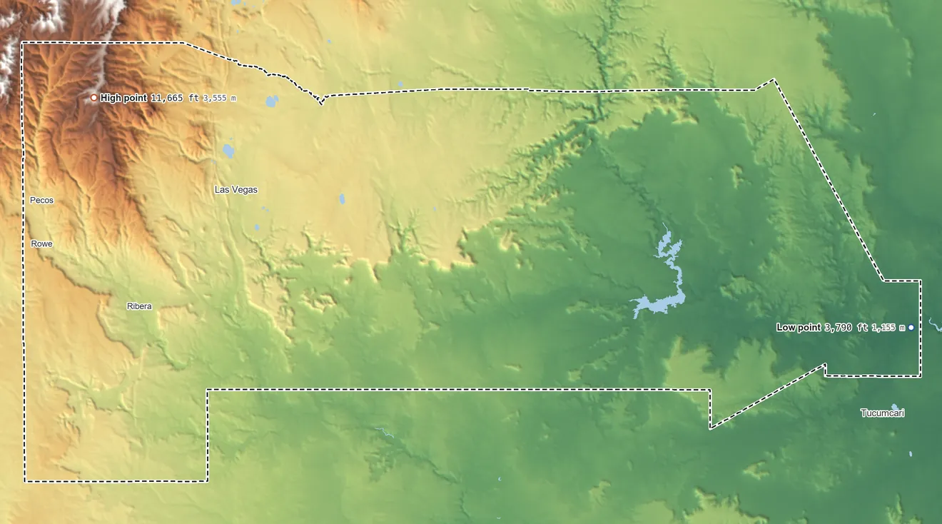 Topographic elevation map of San Miguel County, New Mexico, shaded from 3,790 ft on the east side to 11,665 ft on Elk Mountain