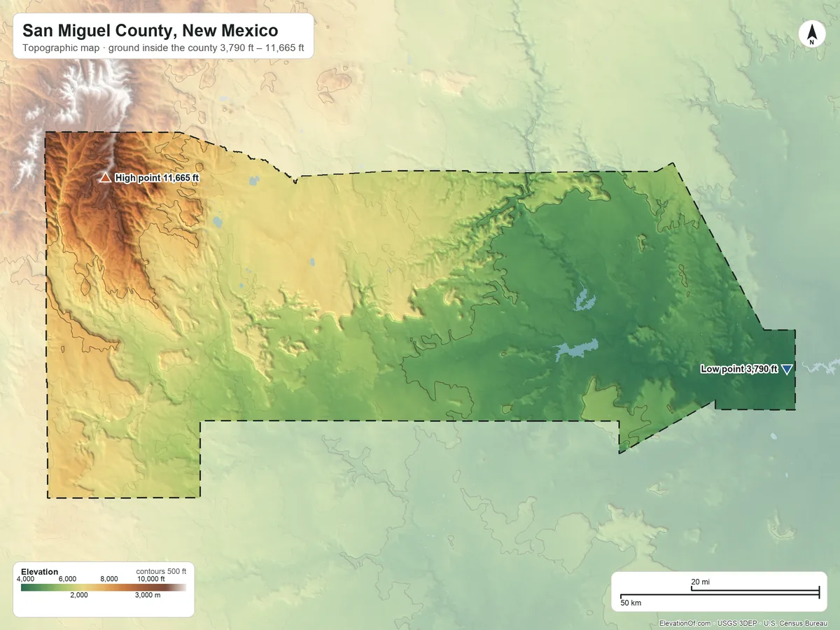 Topographic elevation map of San Miguel County, New Mexico, shaded from 3,790 ft on the east side to 11,665 ft on Elk Mountain