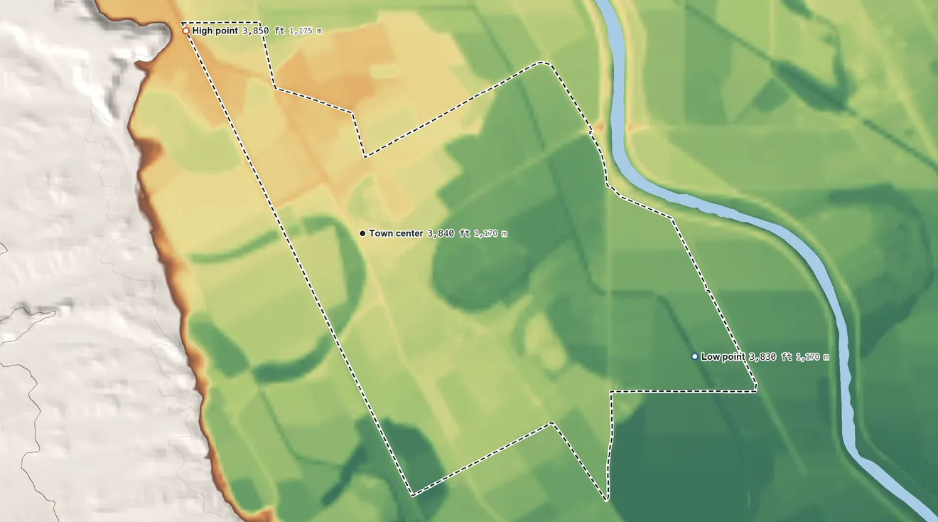 Topographic elevation map of San Miguel, New Mexico, shaded from 3,830 ft on the east side to 3,850 ft on the northwest side