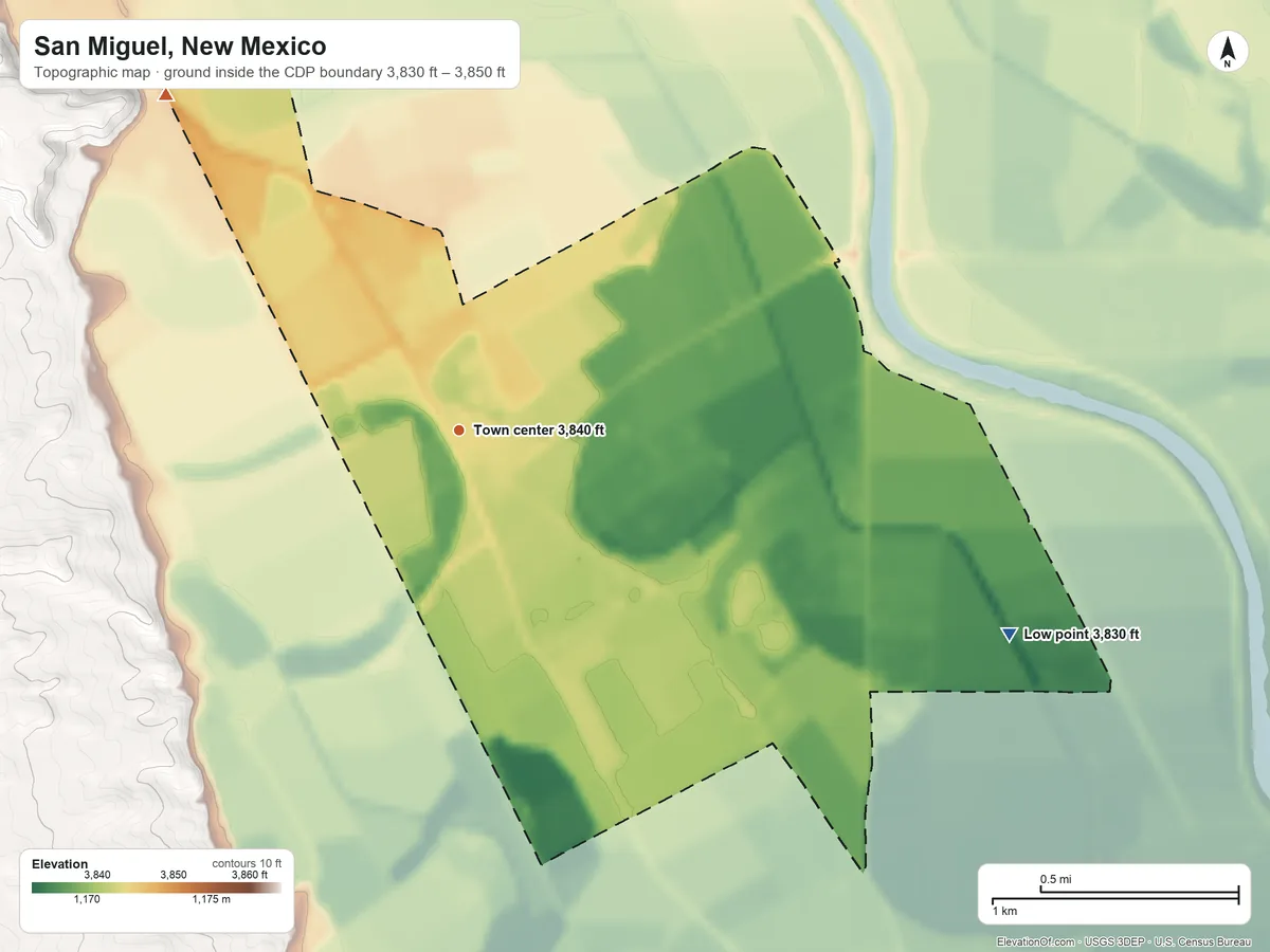 Topographic elevation map of San Miguel, New Mexico, shaded from 3,830 ft on the east side to 3,850 ft on the northwest side