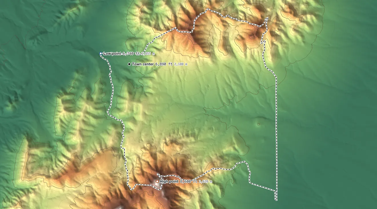 Topographic elevation map of San Pedro, New Mexico, shaded from 6,740 ft on the west side to 8,600 ft on the south side