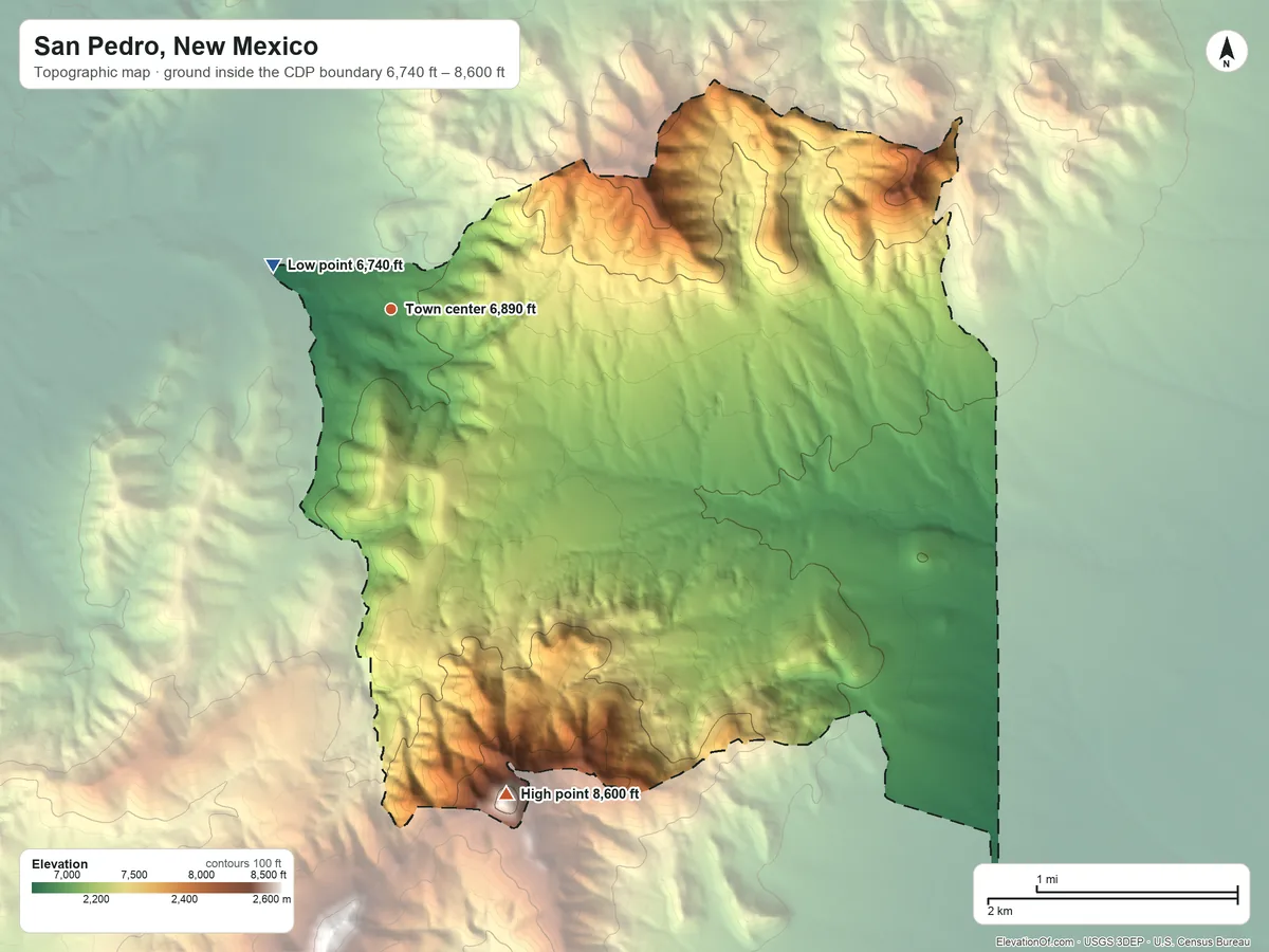Topographic elevation map of San Pedro, New Mexico, shaded from 6,740 ft on the west side to 8,600 ft on the south side