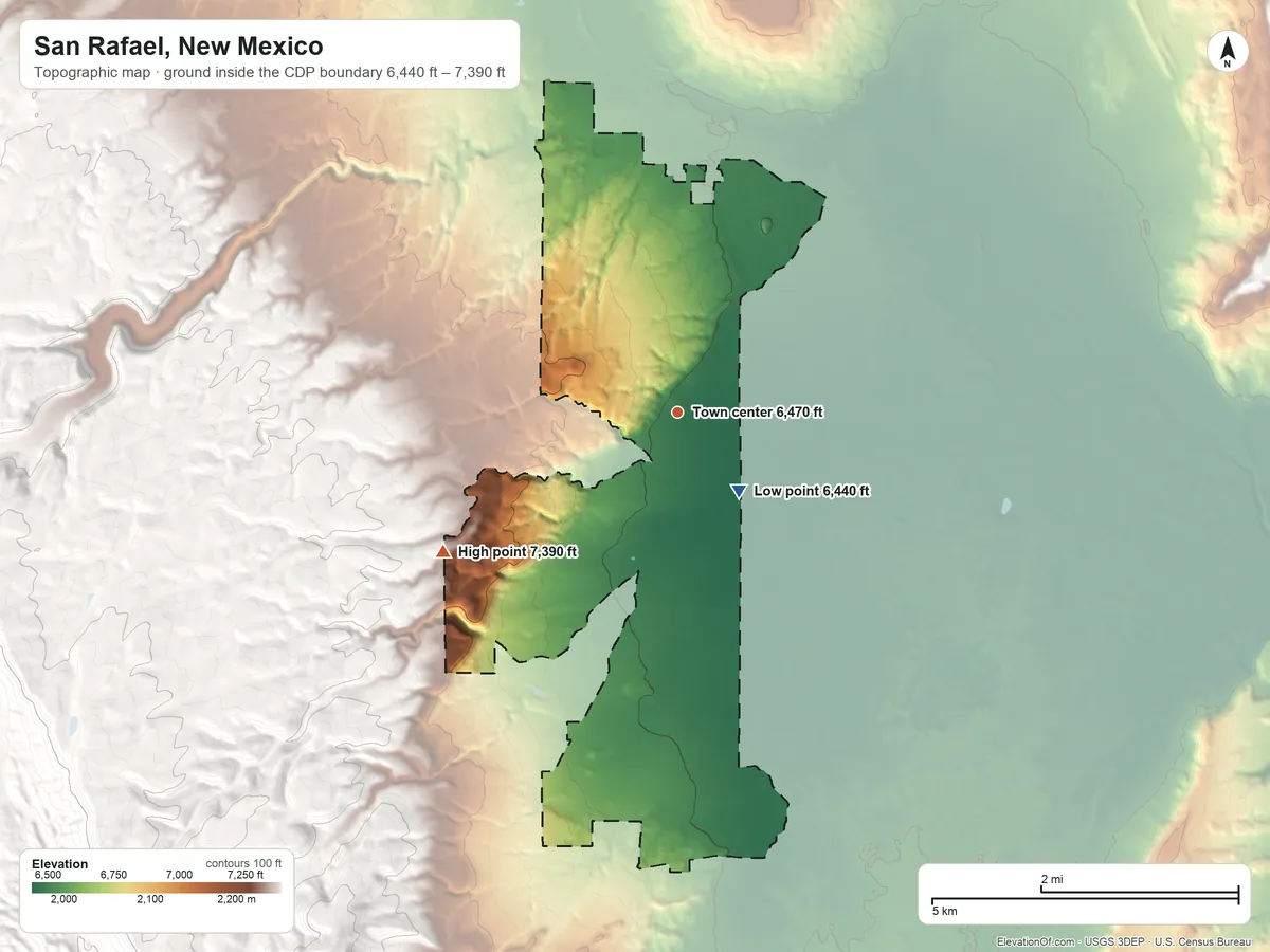 Topographic elevation map of San Rafael, New Mexico, shaded from 6,440 ft on the southeast side to 7,390 ft on the southwest edge, below higher ground just outside