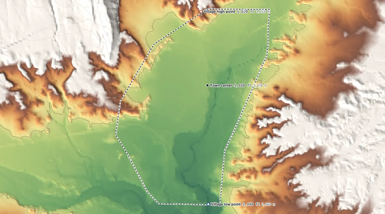 Topographic elevation map of Village of San Ysidro, New Mexico, shaded from 5,440 ft on the south side to 5,620 ft on the north edge, below higher ground just outside