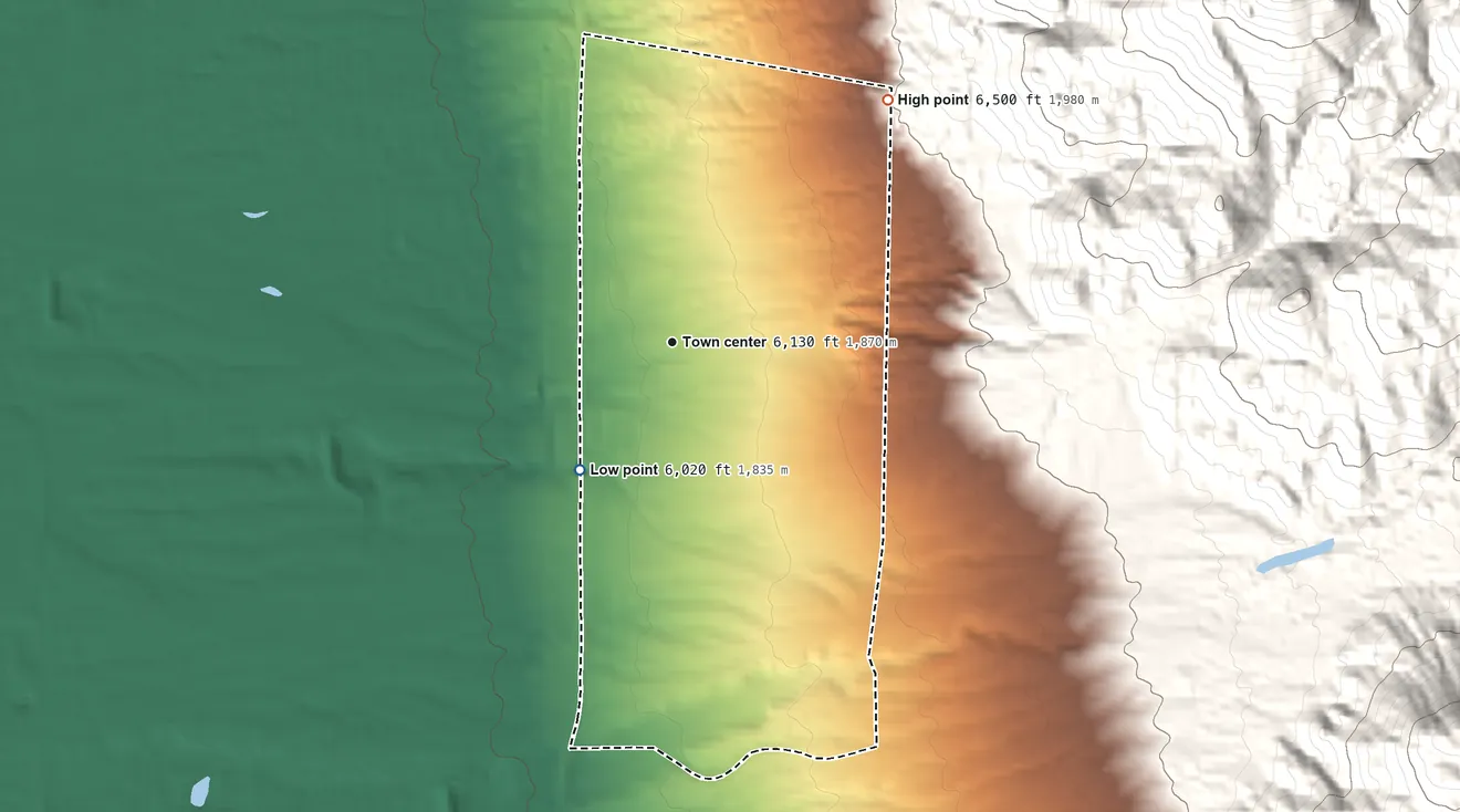 Topographic elevation map of Sandia Heights, New Mexico, shaded from 6,020 ft on the southwest side to 6,500 ft at the foot of the Sandia Mountains