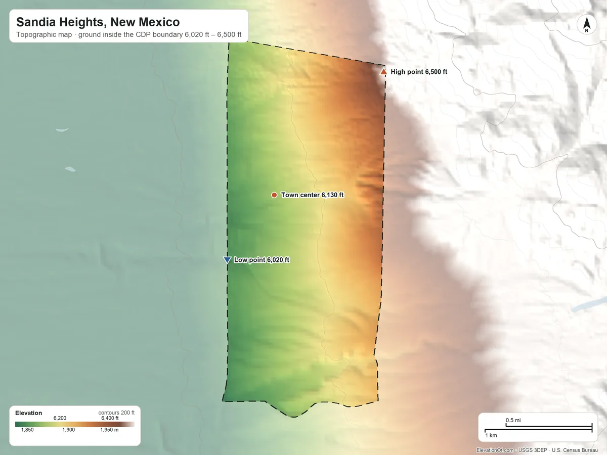 Topographic elevation map of Sandia Heights, New Mexico, shaded from 6,020 ft on the southwest side to 6,500 ft at the foot of the Sandia Mountains
