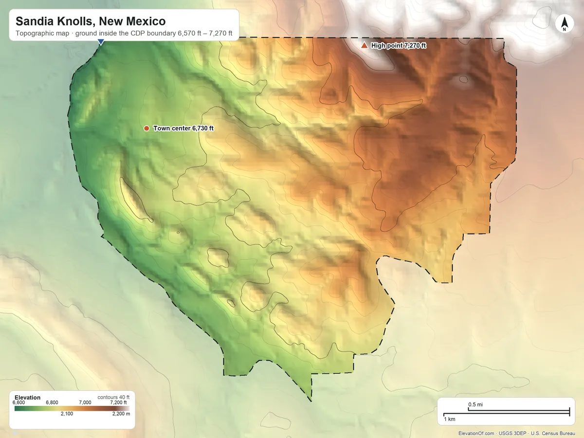 Topographic elevation map of Sandia Knolls, New Mexico, shaded from 6,570 ft on the northwest side to 7,270 ft at the foot of the San Pedro Mountains
