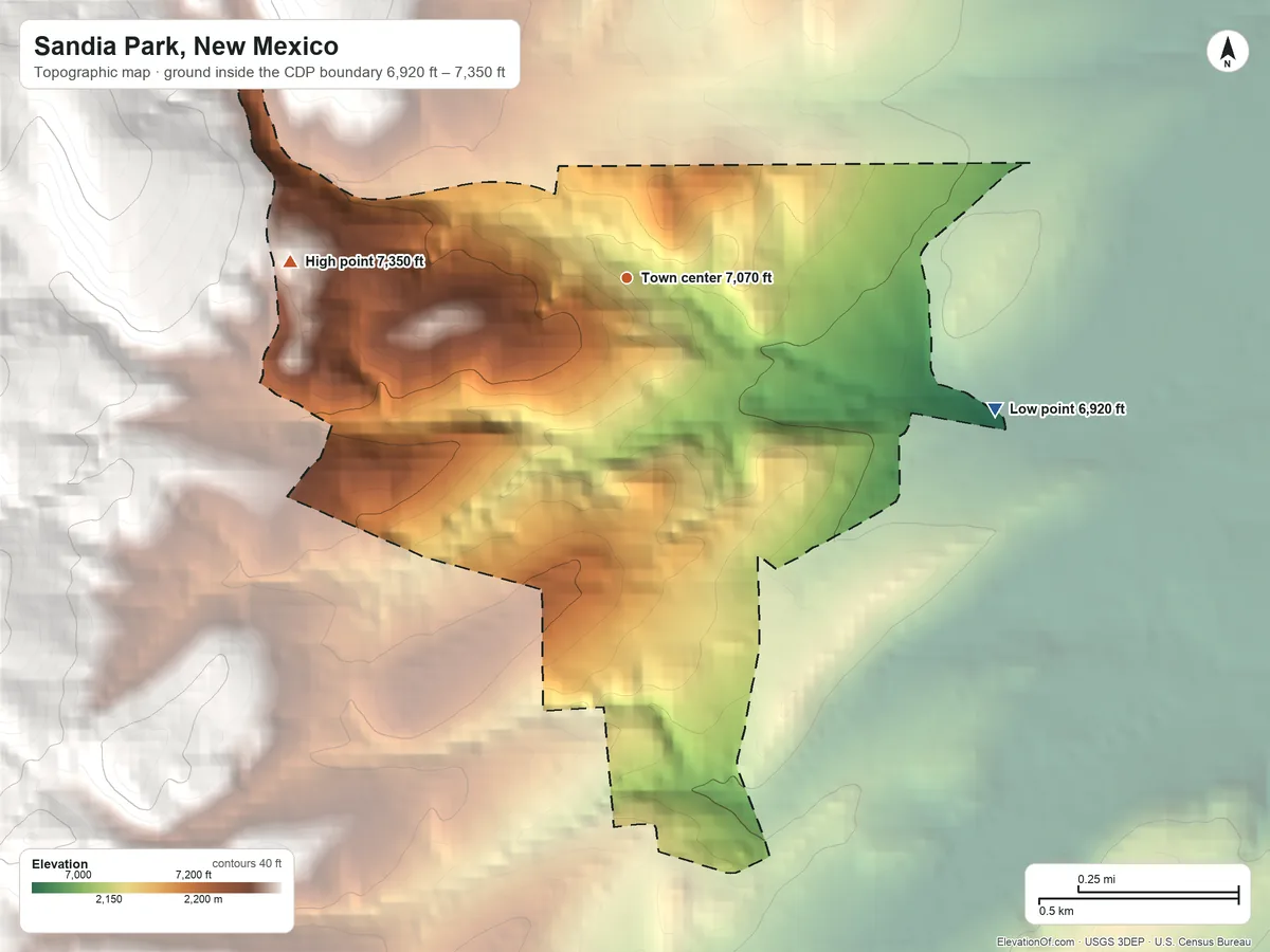 Topographic elevation map of Sandia Park, New Mexico, shaded from 6,920 ft on the east side to 7,350 ft at the foot of the Sandia Mountains