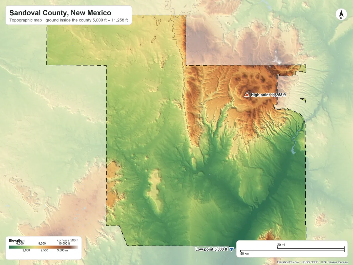 Topographic elevation map of Sandoval County, New Mexico, shaded from 5,000 ft on the southeast side to 11,258 ft on Redondo Peak