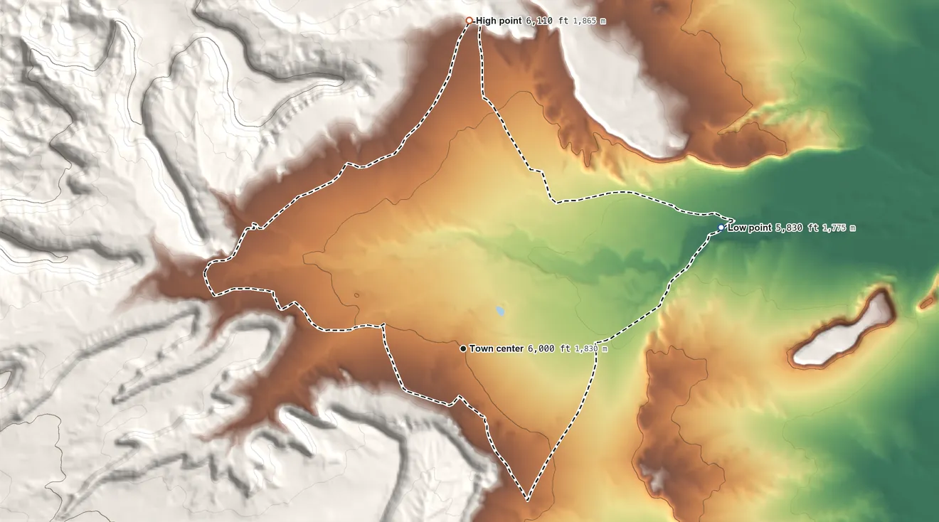 Topographic elevation map of Sanostee, New Mexico, shaded from 5,830 ft on the northeast side to 6,110 ft on the north edge, below higher ground just outside