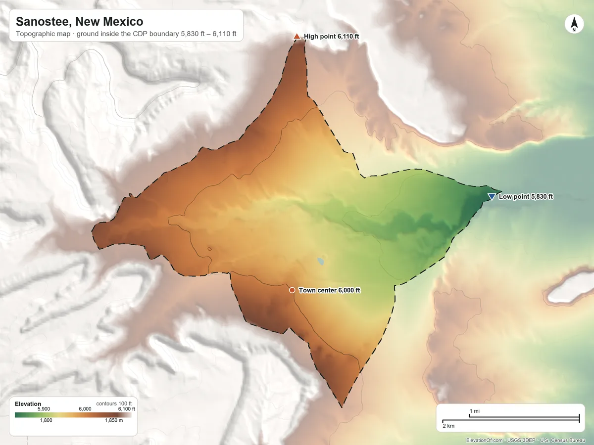 Topographic elevation map of Sanostee, New Mexico, shaded from 5,830 ft on the northeast side to 6,110 ft on the north edge, below higher ground just outside