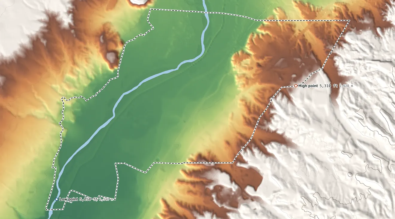 Topographic elevation map of Santa Ana Pueblo, New Mexico, shaded from 5,050 ft on the southwest side to 5,310 ft on the east side