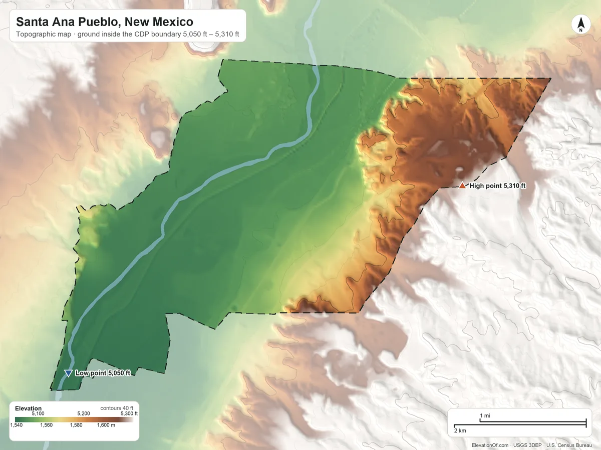 Topographic elevation map of Santa Ana Pueblo, New Mexico, shaded from 5,050 ft on the southwest side to 5,310 ft on the east side