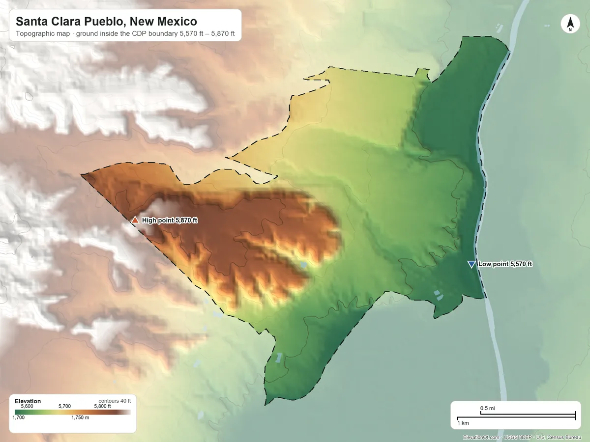 Topographic elevation map of Santa Clara Pueblo, New Mexico, shaded from 5,570 ft on the southeast side to 5,870 ft on the west edge, below higher ground just outside