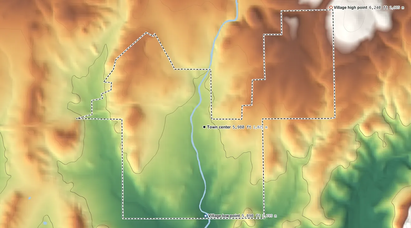 Topographic elevation map of Santa Clara, New Mexico, shaded from 5,890 ft on the south side to 6,240 ft at the foot of the Pinos Altos Range