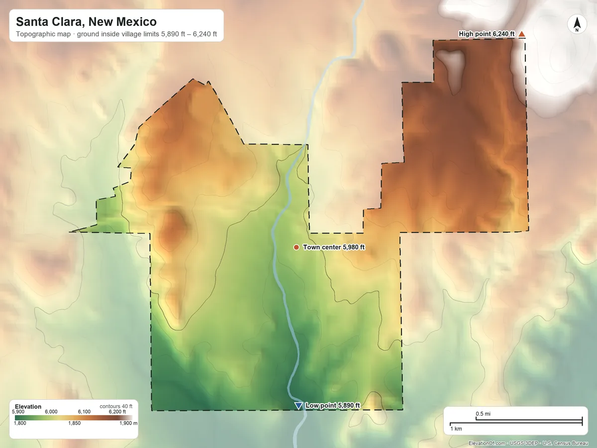 Topographic elevation map of Santa Clara, New Mexico, shaded from 5,890 ft on the south side to 6,240 ft at the foot of the Pinos Altos Range