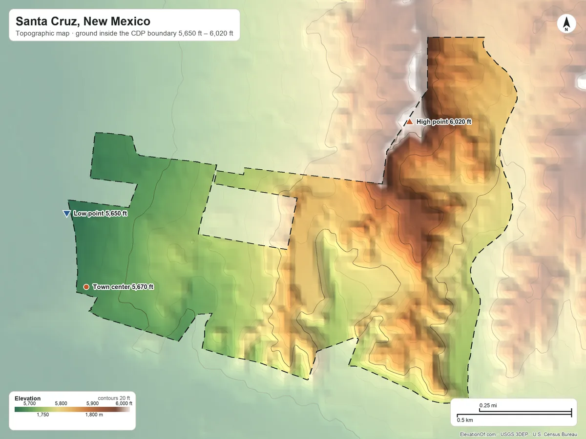 Topographic elevation map of Santa Cruz, New Mexico, shaded from 5,650 ft on the north side to 6,020 ft on the northeast side