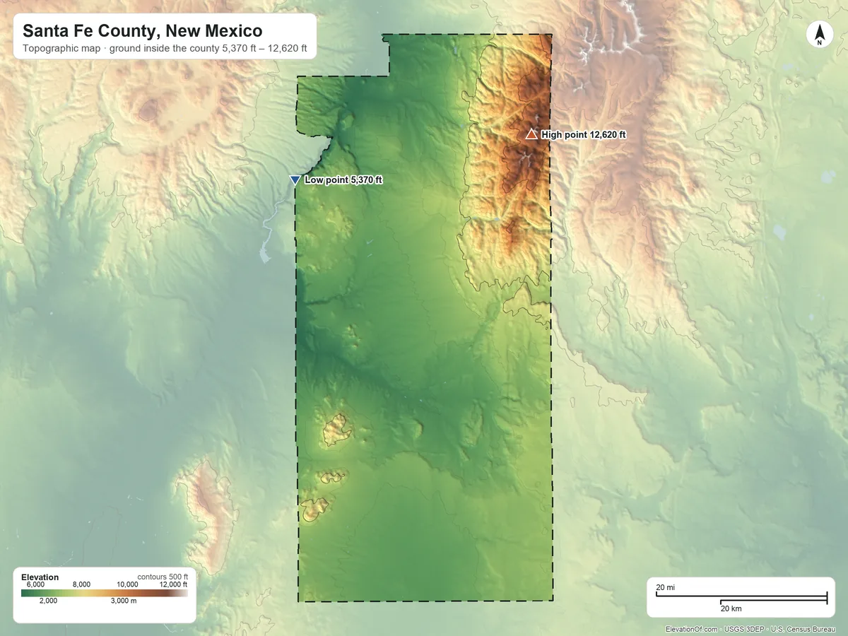 Topographic elevation map of Santa Fe County, New Mexico, shaded from 5,370 ft on the northwest side to 12,620 ft on Santa Fe Baldy