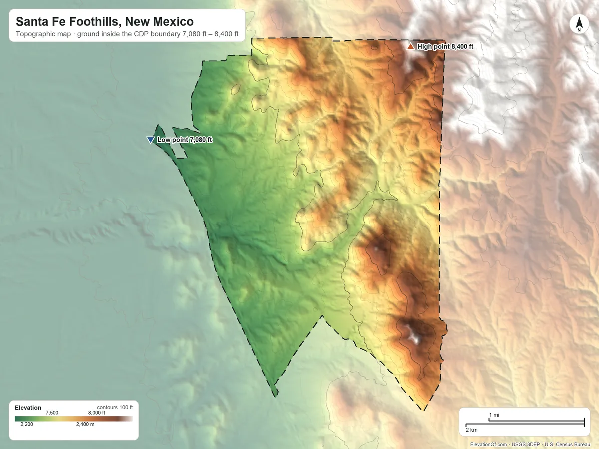 Topographic elevation map of Santa Fe Foothills, New Mexico, shaded from 7,080 ft on the northwest side to 8,400 ft on the north edge, below higher ground just outside