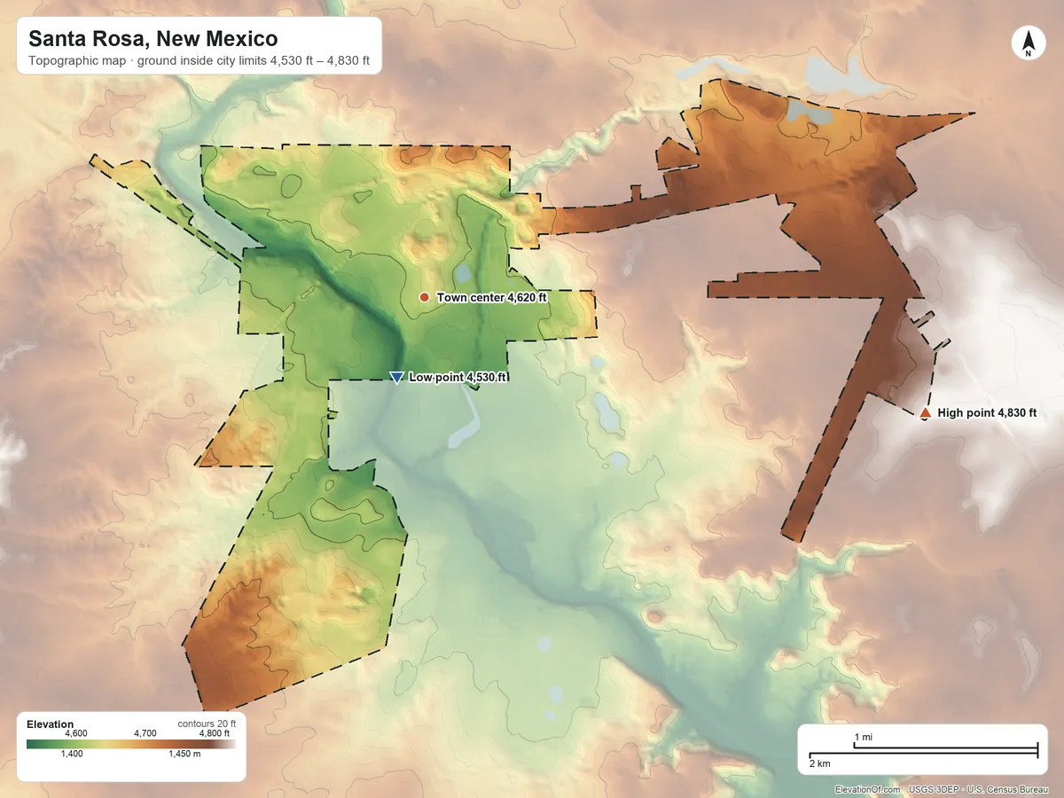 Topographic elevation map of Santa Rosa, New Mexico, shaded from 4,530 ft near the middle to 4,830 ft on the east side
