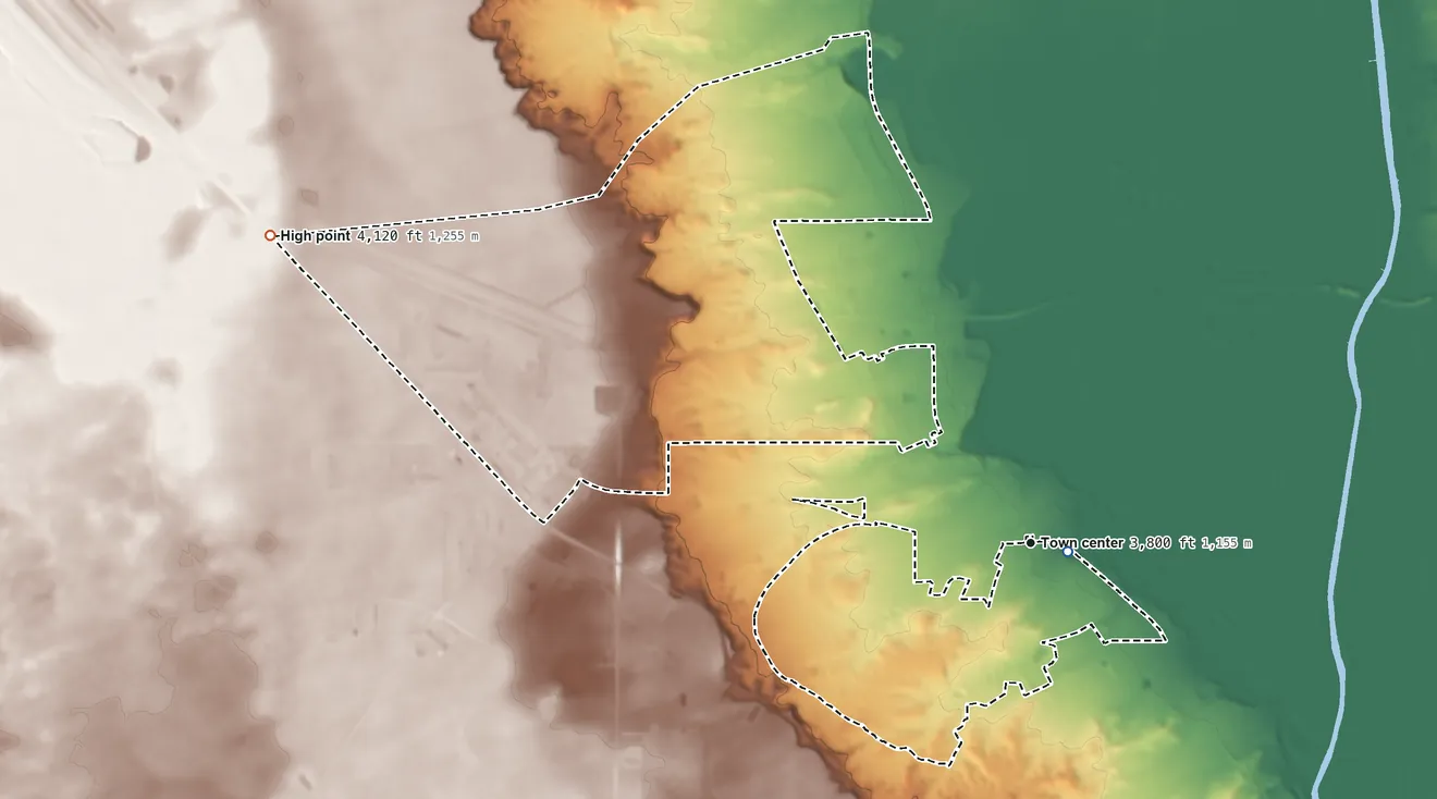 Topographic elevation map of Santa Teresa, New Mexico, shaded from 3,760 ft near the middle to 4,120 ft on the west side