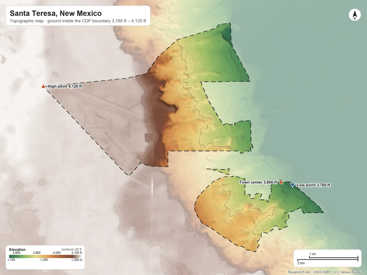 Topographic elevation map of Santa Teresa, New Mexico, shaded from 3,760 ft near the middle to 4,120 ft on the west side