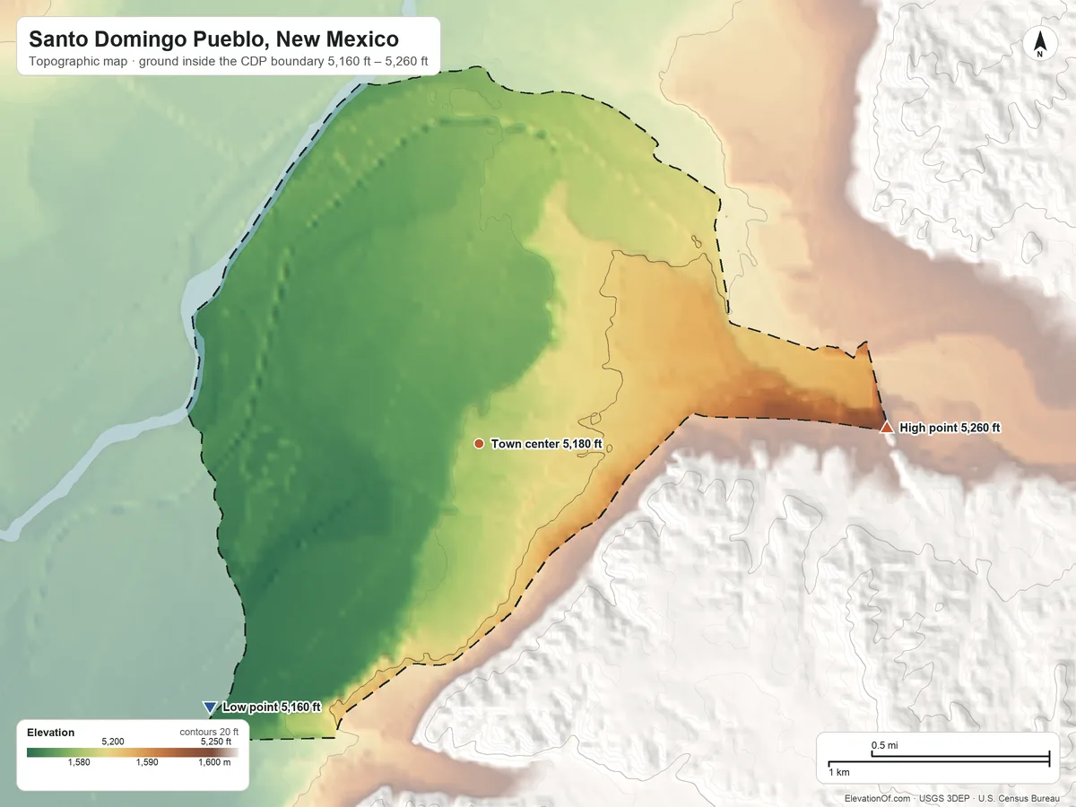Topographic elevation map of Santo Domingo Pueblo, New Mexico, shaded from 5,160 ft on the southwest side to 5,260 ft on the east side